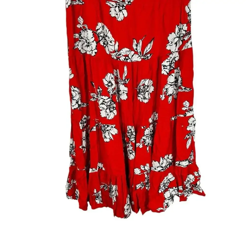 Free People Rita Tiered Midi Dress Red Floral Ruffle Sleeveless Boho Size XS
